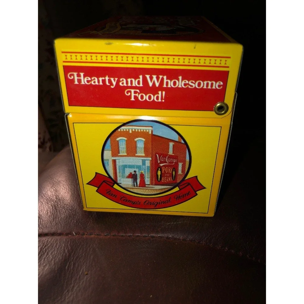 Vintage 1986 Van Camps Pork and Beans Recipe Box Tin‎ w Hinged Lid Yellow